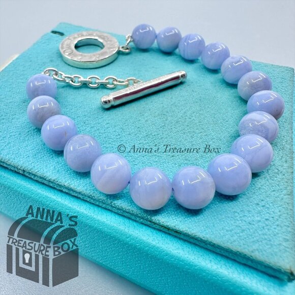 Tiffany & Co. 925 Silver 8mm Blue Lace Agate Toggle 8" Bracelet (bx, pch, rbbn - Picture 7 of 9